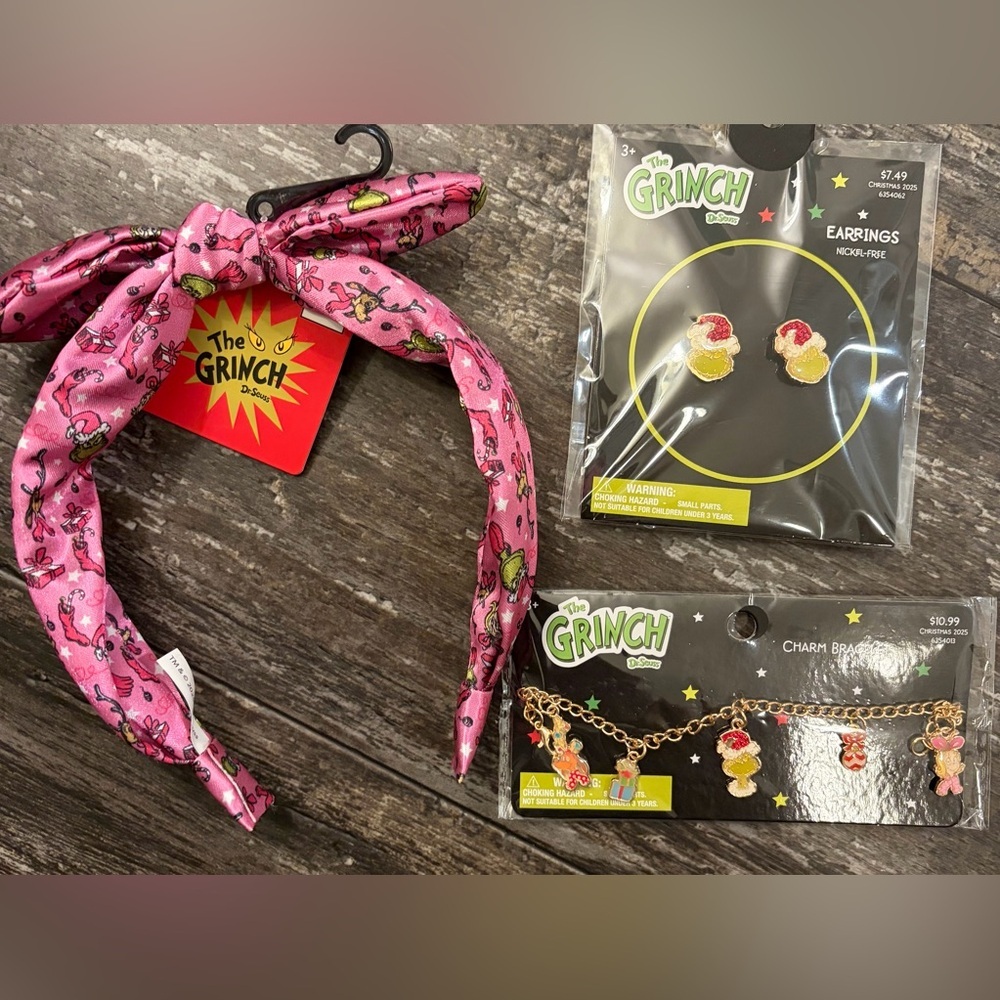 Grinch Pink Headband and Bracelet and Earrings Jewelry Set!